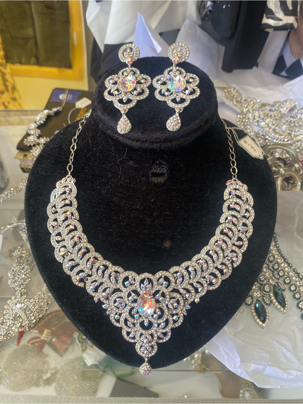 Crystal Statement Necklace & Earring Set - Silver Tone